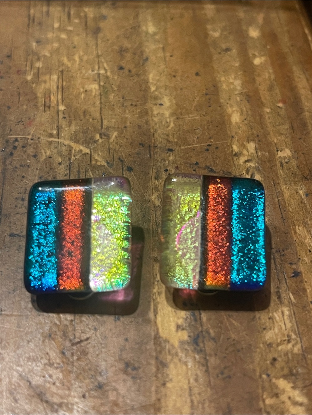 glass clip on earrings blue red yellow